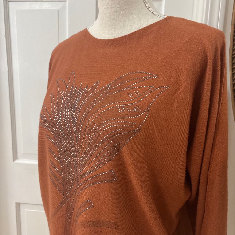 Sioni Embellished Rust Sweater XL Orange Studded Leaf Boho Autumn Western Boxy